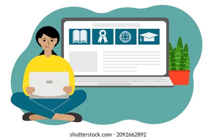 Online learning concept. A woman is sitting cross-legged with a laptop. Close-up of a laptop with an open website page. Vector flat illustration