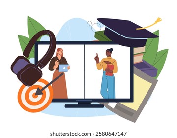 Online learning concept. Women at computer screen communicate with each others. Education and training. Lecture and seminar. Student communicate with teacher. Flat vector illustration