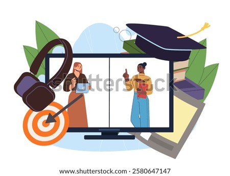 Online learning concept. Women at computer screen communicate with each others. Education and training. Lecture and seminar. Student communicate with teacher. Flat vector illustration