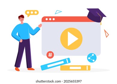 Online learning concept. Young happy man and woman, standing without window with play button. Online education, school, e-learning. Vector illustration on modern flat style.