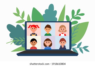 Online learning concept. Zoom lesson with students. Flat style. Vector illustration.