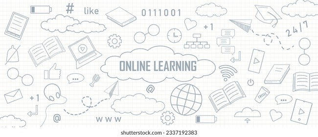 Online learning concepts background. Laptop, notebook, remote learning, ideal home workplace. Vector illustration doodles, thin line art sketch style concept