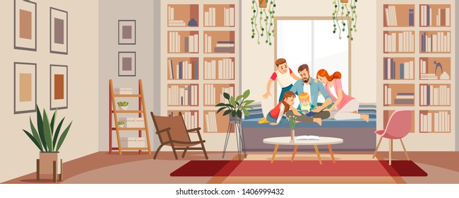 Online learning concepts, Home reading with family on modern technology. Vector illustration