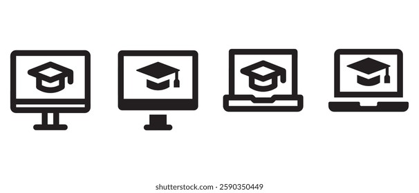 Online learning course icon set on white background.