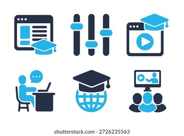 Conjunto de iconos de aprendizaje y curso en línea. Iconos de la serie de glifos sólidos