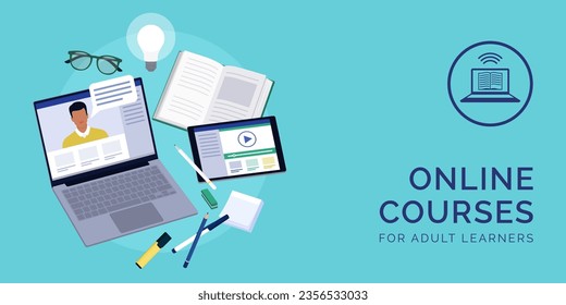 Online learning: online course on a laptop and educational supplies; e-learning and adult learning concept