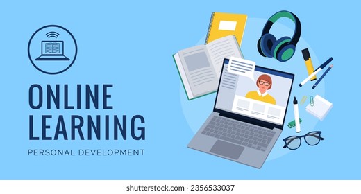Online learning: online course on a laptop and educational supplies; e-learning and adult learning concept