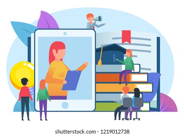 Online learning, courses, distant education concept. Small people stand near big smartphone, books. Poster for social media, banner, web page, presentation. Flat design vector illustration