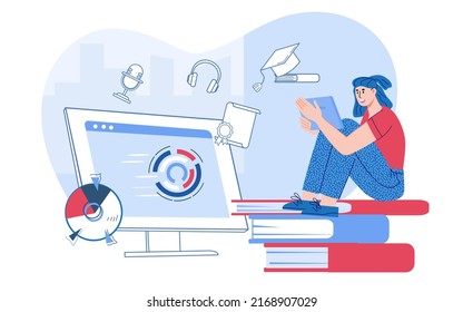 Online learning courses and e-education, distance learning concept, flat vector illustration isolated on white background. Educational web seminar, internet classes and tutorials.