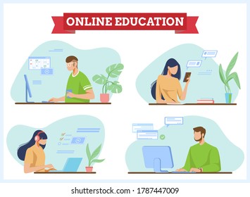 Online learning design concept-boys and girls sitting in front of laptop/computer-simple flat isometric design concept-brown-light brown-green