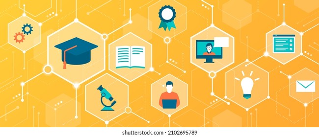 Online Learning And Digital Courses: Icons Connecting Together And Education Concepts