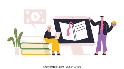 Online learning, digital workshop tutorials. Woman holding tablet and reading ebook. Boy studying remotely via computer. Male and female characters getting information in internet vector