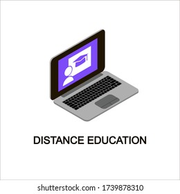 Online learning and distance education 3d icon. Isometric style computer picture. Isolated illustration laptop.