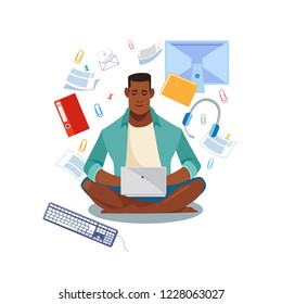 Online Learning, Distance Education Cartoon Vector Concept with African-american Student Sitting with Crossed Legs, Using Laptop, Working on Computer, Browsing and Searching Information in Internet