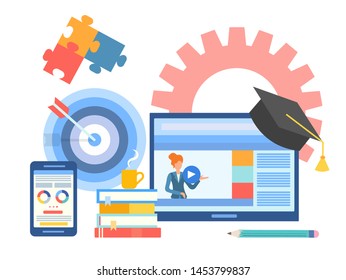 Online learning, distance education, courses and study online vector illustration.