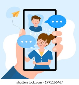 Online learning or distance education, e-learning or communication Technology concepts. Young woman teacher teaching primary school boy student through mobile app. with hand holding phone. Flat vector