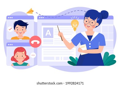 Online learning or distance education, e-learning concepts. Young woman teacher teaching boy and girl students via app. Tutorials, software for learning. Education vlog. Flat vector illustration.