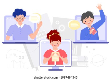 Online learning or distance education, e-learning concepts. Boys and girls students studying via app. On laptop and computer.Tutorials, software for learning. Education vlog. Flat vector illustration.