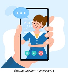 Online learning or distance education, e-learning or communication Technology concepts. Young woman teacher teaching student through mobile app. with hand holding phone. Flat vector