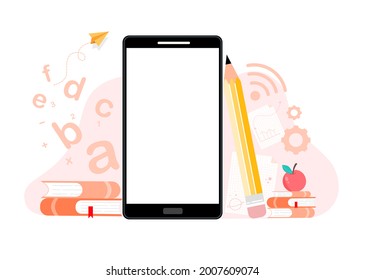 Online learning or distance education, e-learning or communication Technology background concepts. Blank screen of mobile or cell phone for text. Modern vector illustration for website or banner.