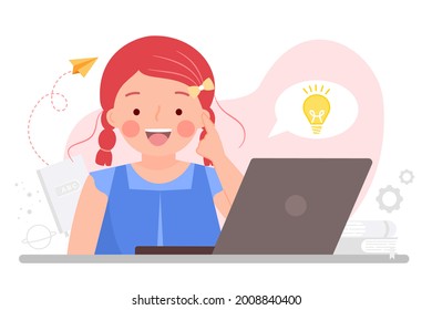 Online learning or distance education, e-learning or communication Technology concepts. Girl studying on laptop, thinking process with creative idea and light bulb. Flat vector illustration.