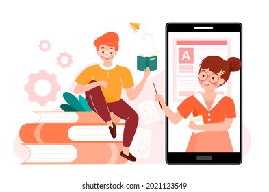Online learning or distance education, e-learning concepts. Boy students holding book studying via app.  with teacher teaching on mobile phone.Tutorials, software for learning. Education vlog.