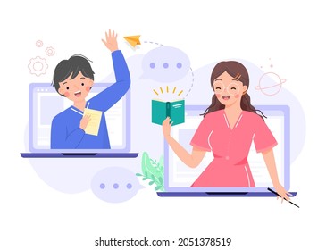 Online learning or distance education, e-learning concepts. Boy students holding paper studying happily via app. with teacher teaching on laptop.Tutorials, software for learning. Education vlog.