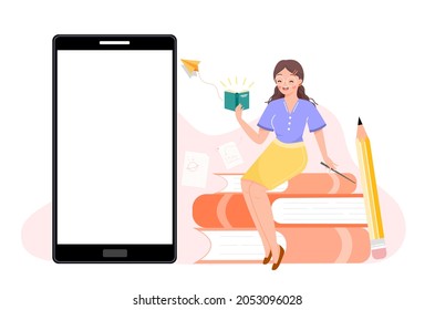 Online learning or distance education, e-learning concepts. Female teacher teaching via app. with blank screen mobile phone and hand holding book. Tutorials, software for learning. Education vlog.