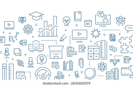 Online learning, distance education, internet access, working environment, computer equipment, modern desk setup outline icons, minimal contour style clean white background flat vector illustration.