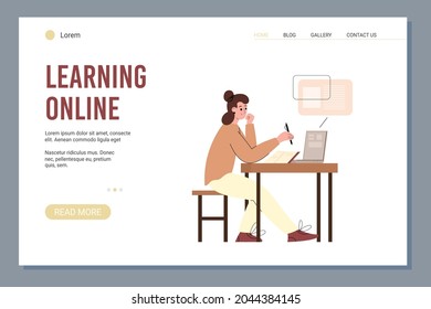 Online learning and distance education website banner. Man studying at home using internet technology for studying for virtual communication, flat vector illustration.