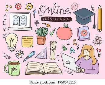 Online Learning Doodle Drawing Illustration Sticker Set. Home School Cartoon Drawing With Laptop.