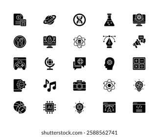 Online Learning and EdTech Trends. Mobile Education, Smart Teaching, and Digital Transformation. Vector Illustration. Glyph solid icon set