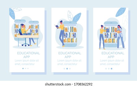 Online Learning. Education Application Mobile Onboard Screen Set. Library Archive in Phone. Video Lesson and Training in Smartphone. Digital Interface for Study. Reading E-Book. Vector Illustration