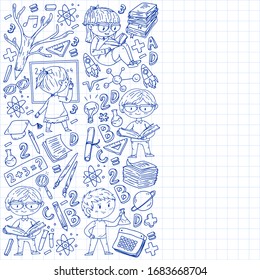 Online learning, education. Back to school. Vector icons and elements for little children, college. Doodle style, kids drawing