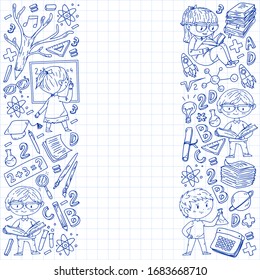 Online learning, education. Back to school. Vector icons and elements for little children, college. Doodle style, kids drawing