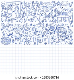 Online learning, education. Back to school. Vector icons and elements for little children, college. Doodle style, kids drawing