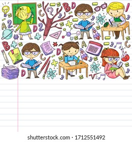 Online learning, education. Back to school. Vector icons and elements for little children, college. Doodle style, kids drawing