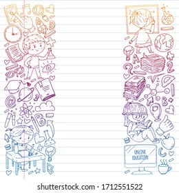 Aprendizaje en línea, educación. De vuelta a la escuela. Iconos vectoriales y elementos para niños pequeños, universidad. Estilo de garabatos, dibujo infantil