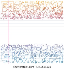 Online-Lernen, Bildung.Zurück zur Schule. Vektorsymbole und Elemente für kleine Kinder, College. Doodle-Stil, Kinderzeichnung