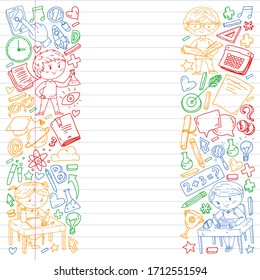 Online learning, education. Back to school. Vector icons and elements for little children, college. Doodle style, kids drawing