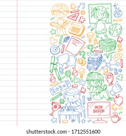 Online-Lernen, Bildung. Zurück zur Schule. Vektorsymbole und Elemente für kleine Kinder, College. Doodle-Stil, Kinderzeichnung