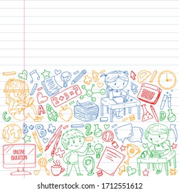 Online learning, education. Back to school. Vector icons and elements for little children, college. Doodle style, kids drawing