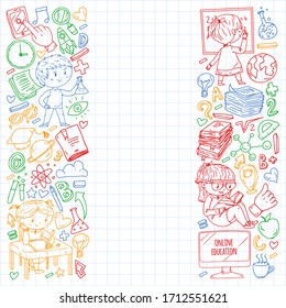 Online learning, education. Back to school. Vector icons and elements for little children, college. Doodle style, kids drawing