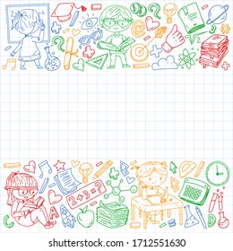 Aprendizaje en línea, educación. De vuelta a la escuela. Iconos vectoriales y elementos para niños pequeños, universidad. Estilo de garabatos, dibujo infantil