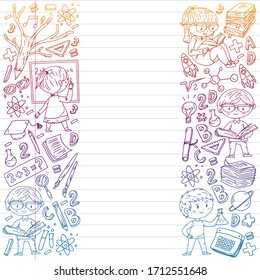 Online learning, education. Back to school. Vector icons and elements for little children, college. Doodle style, kids drawing