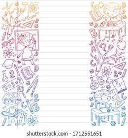 Online-Lernen, Bildung.Zurück zur Schule. Vektorsymbole und Elemente für kleine Kinder, College. Doodle-Stil, Kinderzeichnung