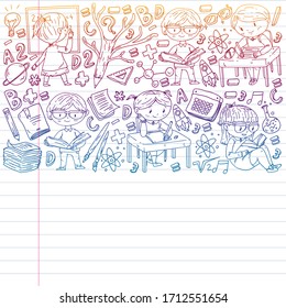 Online learning, education. Back to school. Vector icons and elements for little children, college. Doodle style, kids drawing