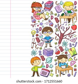 Online learning, education. Back to school. Vector icons and elements for little children, college. Doodle style, kids drawing