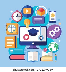 conceito de educação de aprendizagem on-line com ícones de computador e livros