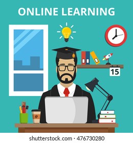 Online learning and education concept. Man working on the computer. Flat vector illustration.